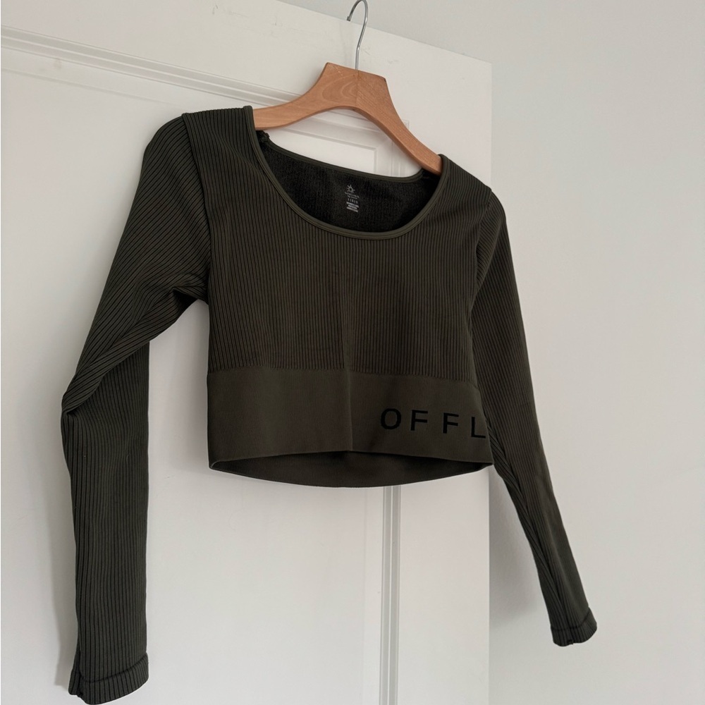 Aerie women’s OFFLINE ribbed long-sleeve workout crop top in olive green LARGE